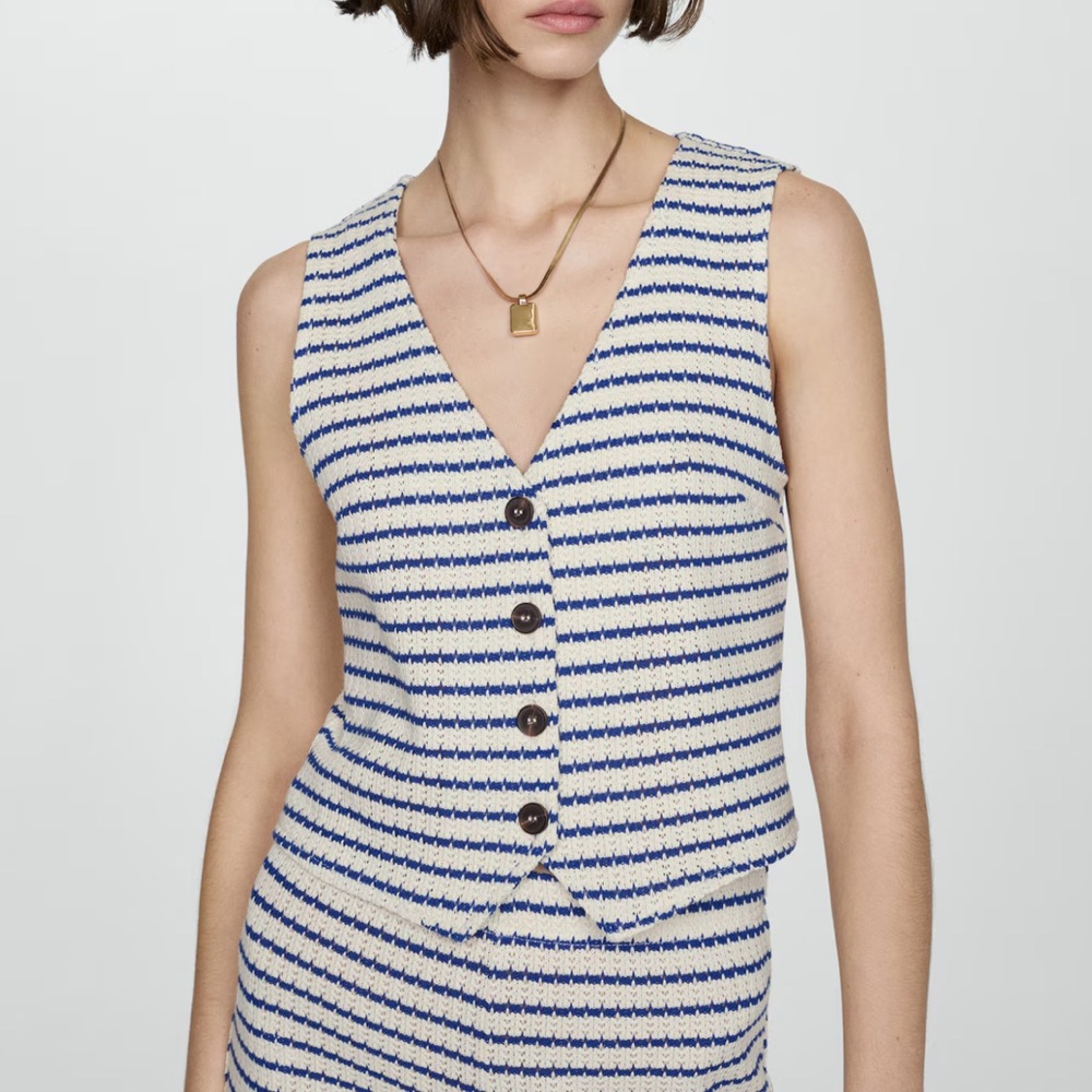 NWT Mango Navy and Cream Striped Knit Vest Top Button Front Cotton SZ S